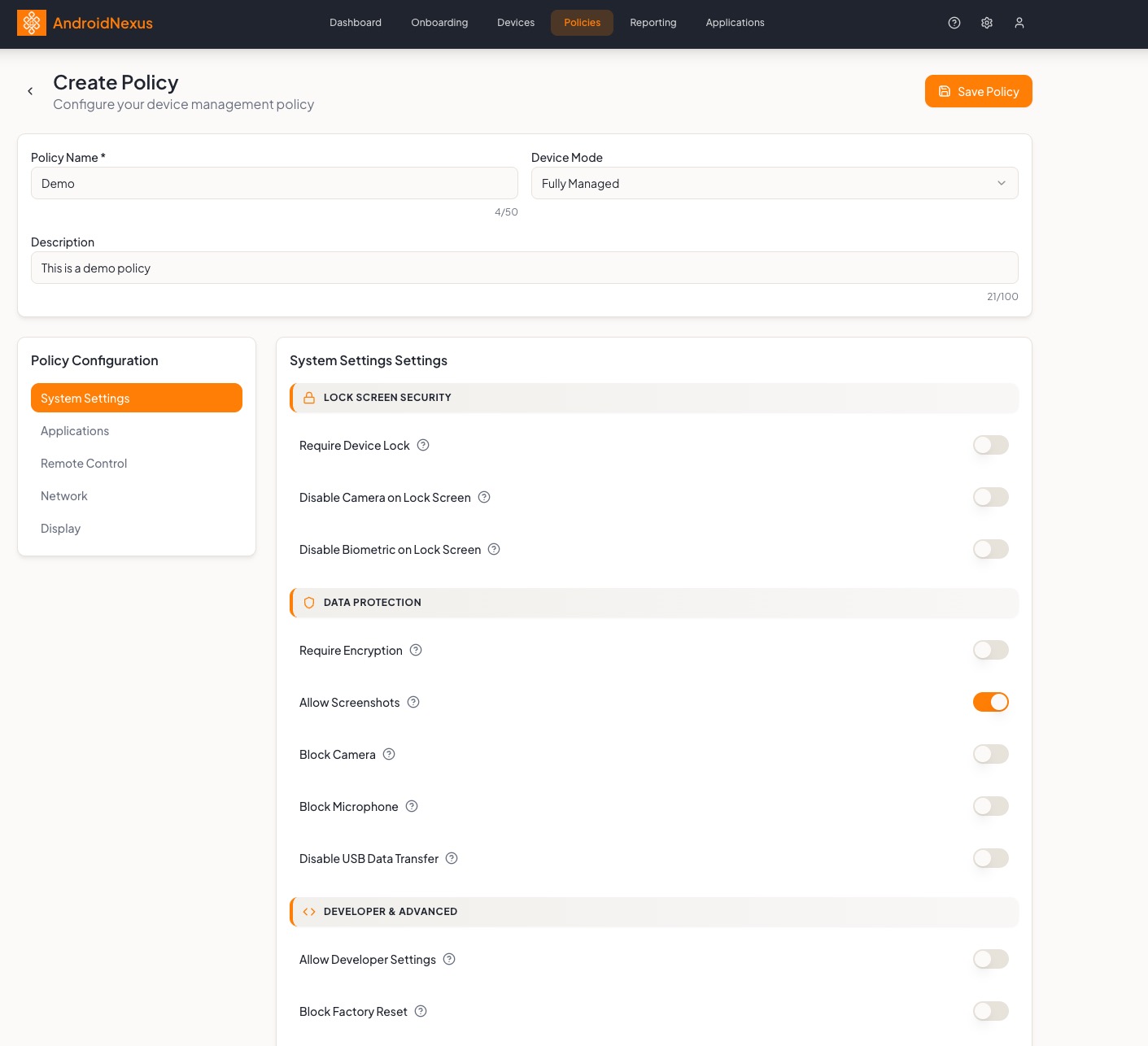 Create Policy Page